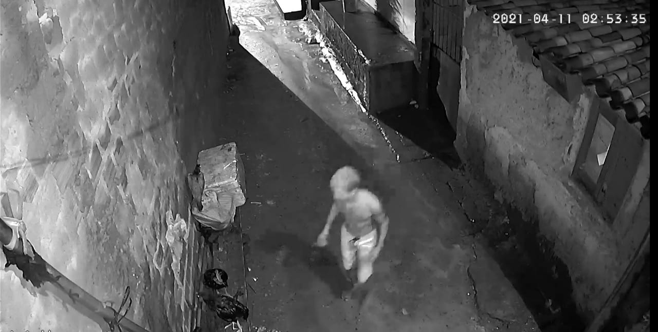 Homem é flagrado tentando arrombar casa, não consegue e rouba galinha; vídeo